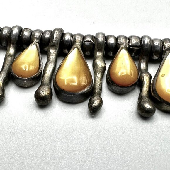 Vintage 1970s-80s Sterling Silver and Golden Mother of Pearl Fringe Bib Necklace - Picture 2 of 12